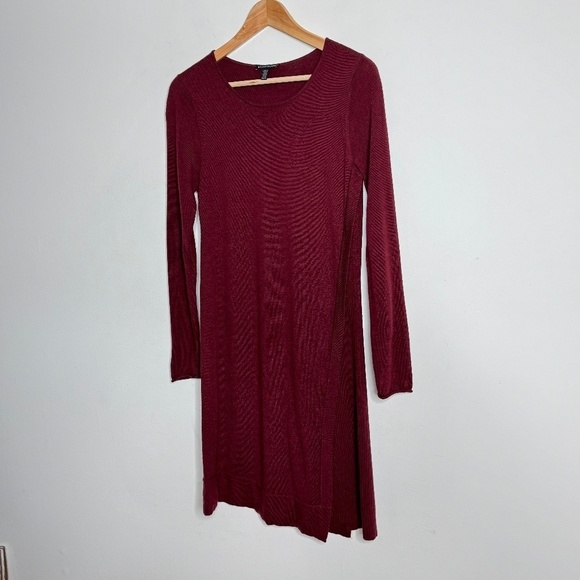 Eileen Fisher Sweater Dress Burgundy 100% Merino Wool Asymmetrical Long Sleeve - Picture 14 of 16